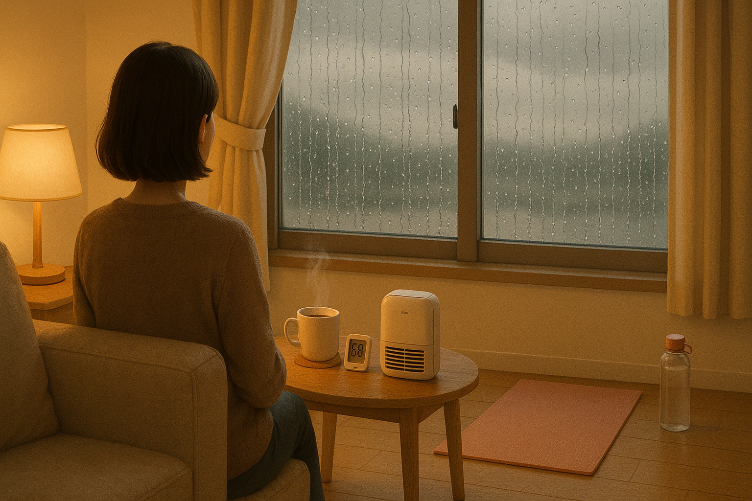 장마철 비오는 창밖을 바라보며 소파에 앉아 있는 사람의 뒷모습