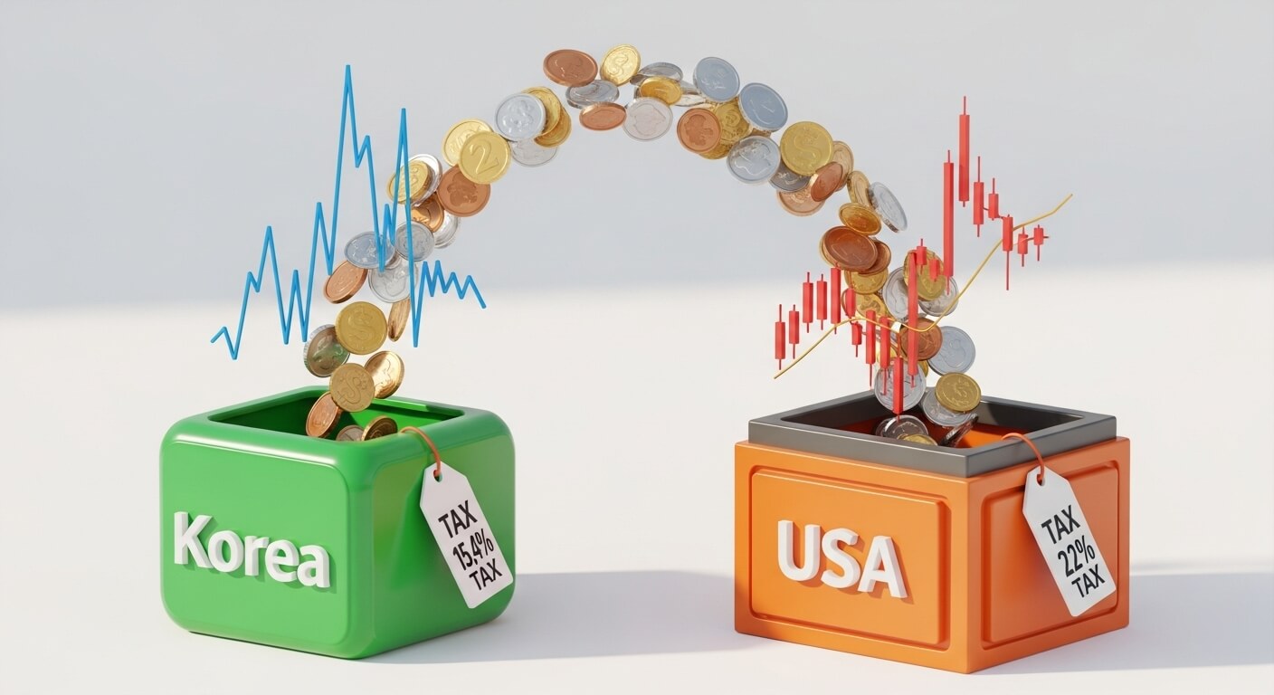 한국-미국 의 바구니에 돈이 들어가는 듯한그림으로 주식 등락이 오버랩되어있고, tax 15.4,22%라고 표기되어있다