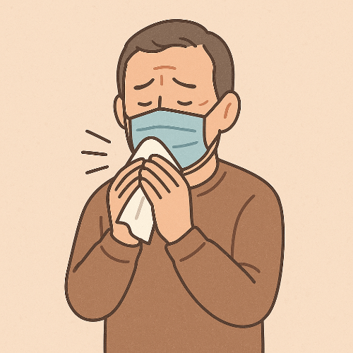 마스크를 쓰고 기침하는 남성