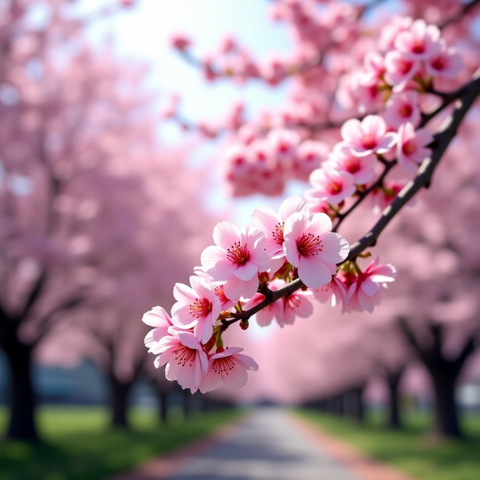 봄날 벚꽃길을 배경으로 초점이 맞춰진 벚꽃 가지.