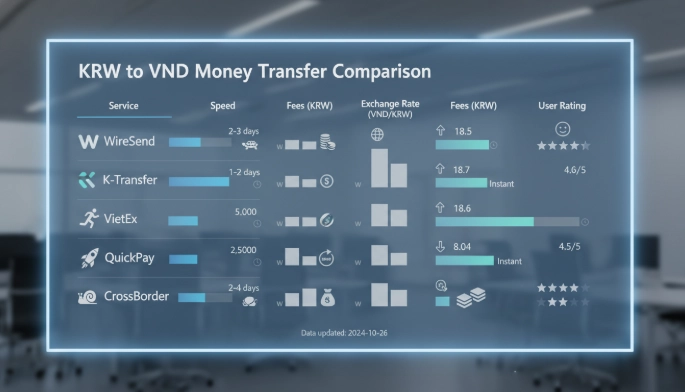 한국-베트남 송금 서비스들을 속도, 수수료, 환율 등으로 비교하는 디지털 대시보드 형태의 비교 차트 이미지.