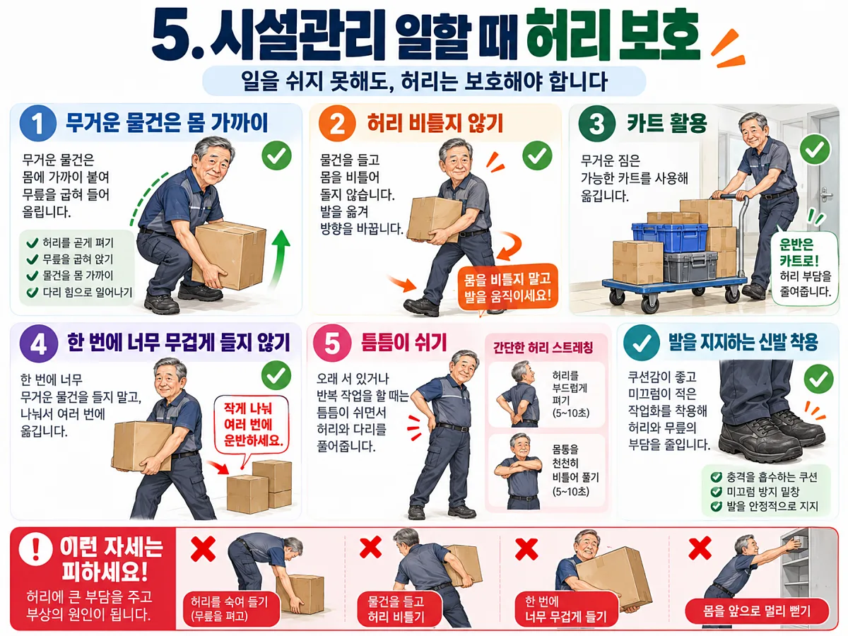 시설관리 남성의 물건 운반과 카트 사용, 허리 부담을 줄이는 작업 자세 그림