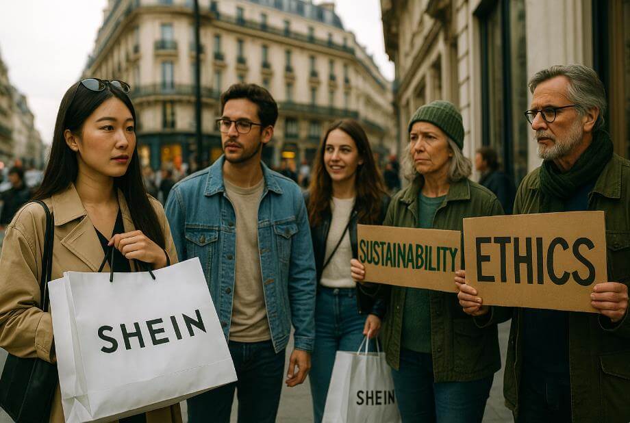 쉬인 쇼핑 소비자와 환경·윤리 시위대가 한 프레임에 담긴 파리 거리의 모습