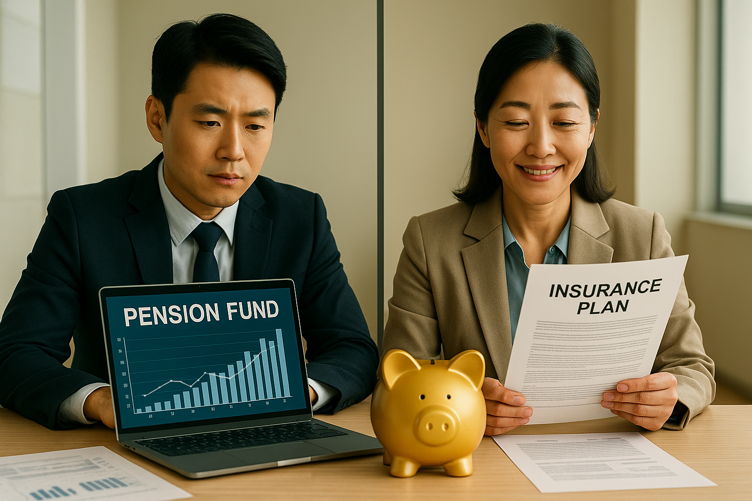 펜션펀드와 보험플랜을 비교하는 한국 남성과 여성의 모습, 노후 대비를 위한 금융상품 선택 장면