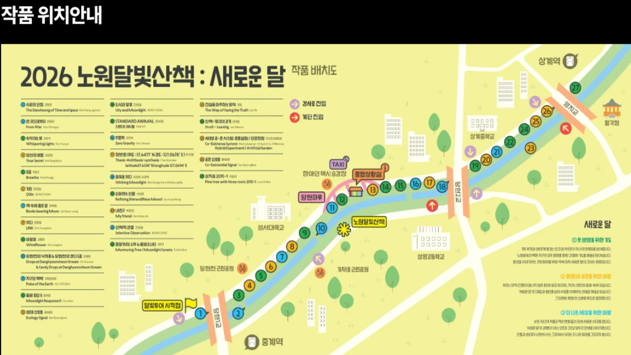 2026 노원달빛산책 당현천 작품 배치도, 당현1교부터 양지교까지 약 1.3km 전시 구간 안내