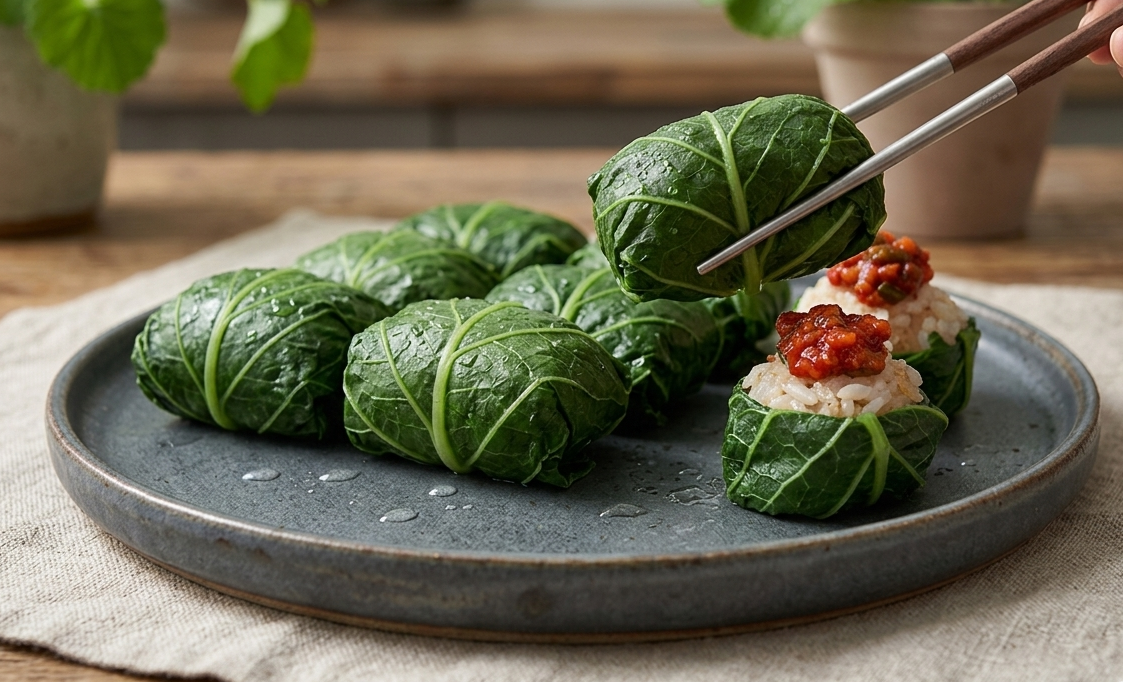 세라믹 원형 접시 위 곰취쌈밥 플레이팅. 쌈밥 위에는 붉은 강된장 고명이 올라가 있으며, 나무 젓가락으로 쌈밥 한 알을 집어 올리는 손의 모습. 배경에는 베이지색 리넨 매트와 초록색 화분이 있는 따뜻한 분위기의 주방.