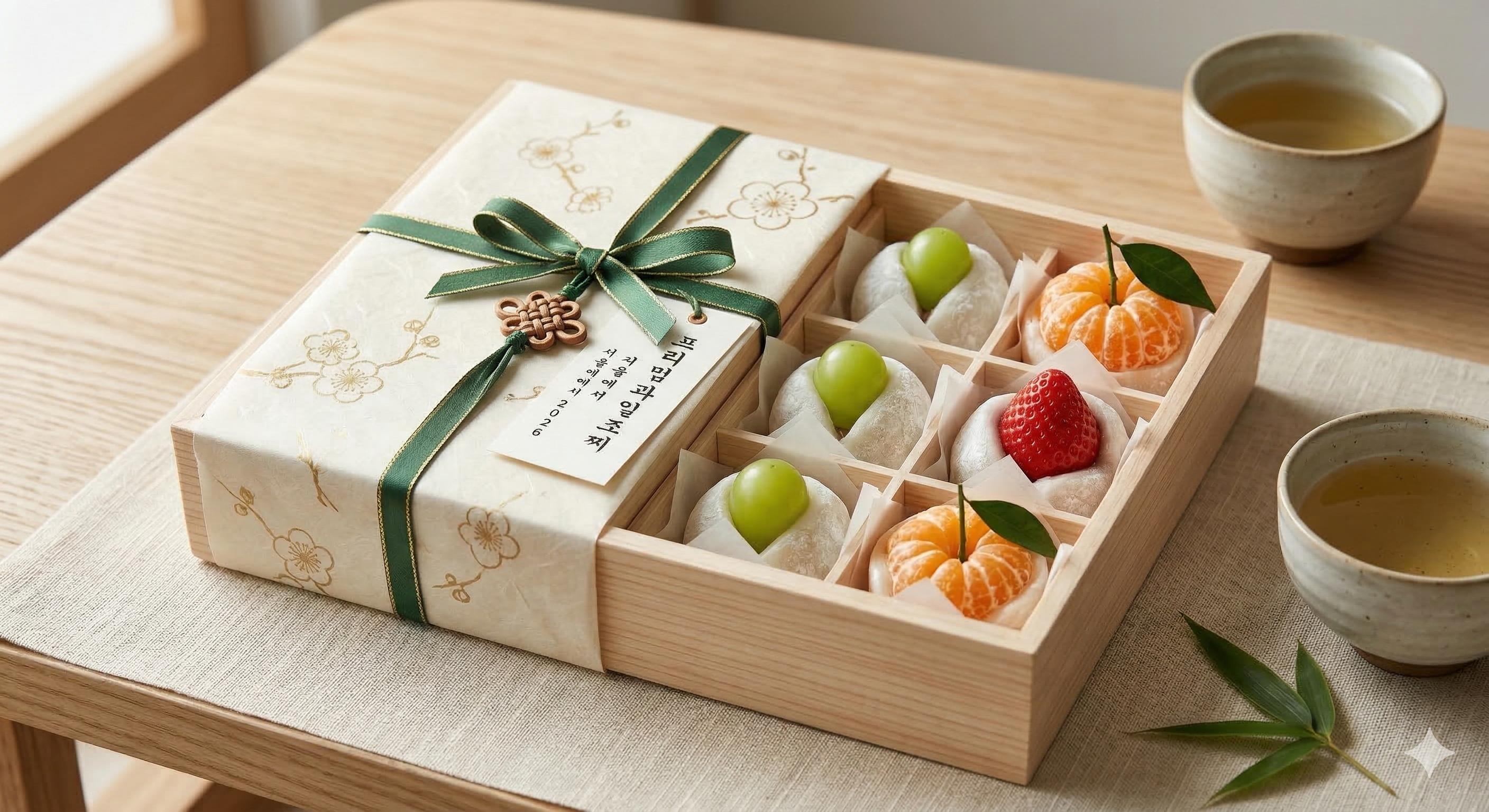 딸기, 청포도, 감귤 등 다양한 과일 모찌가 정갈하게 담긴 우아한 선물 세트 상자. 한국 전통의 미가 느껴지는 미니멀한 패키징과 고급스러운 색감이 돋보이는 8k 고화질 사진