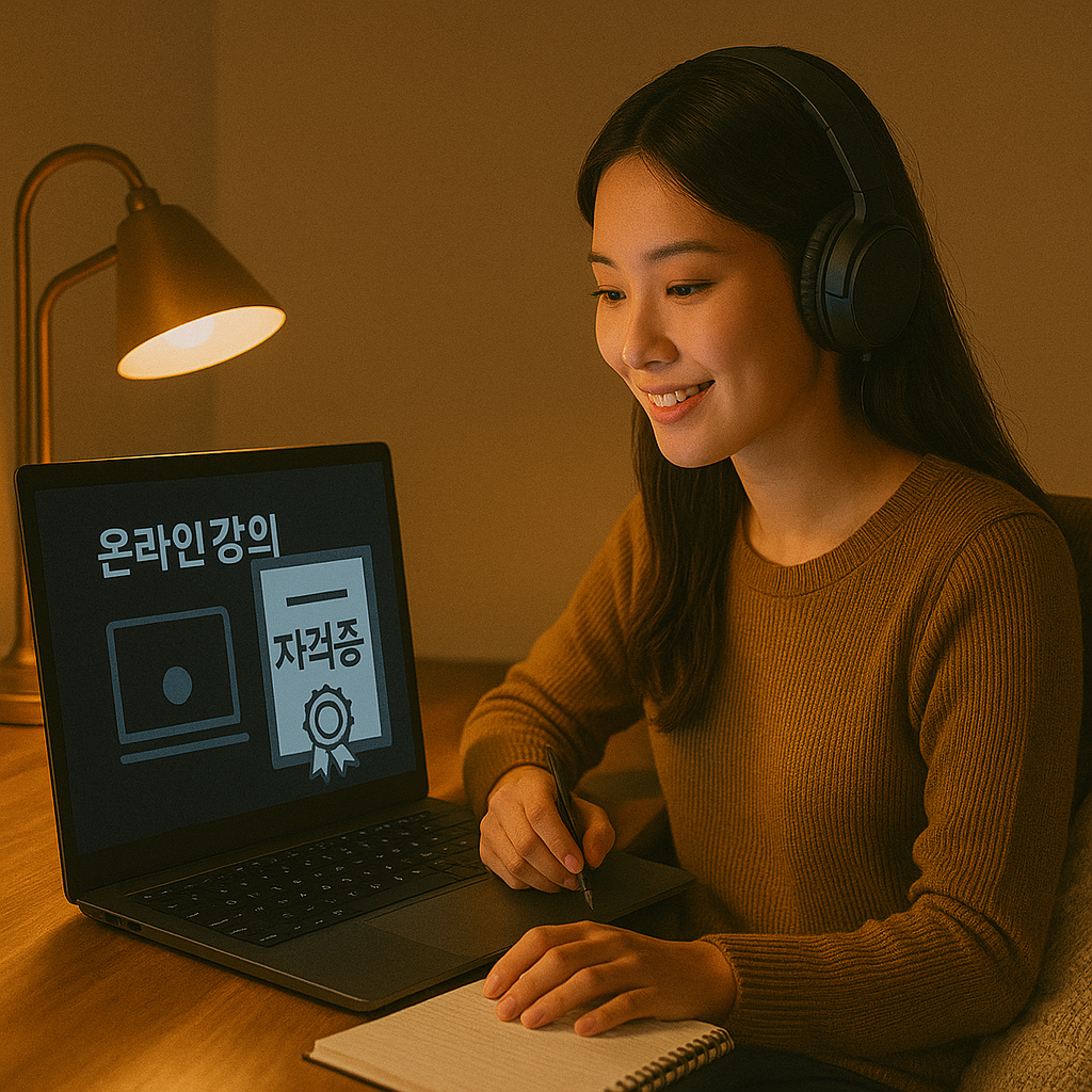 온라인 강의로 자격증을 공부 중인 여성의 모습