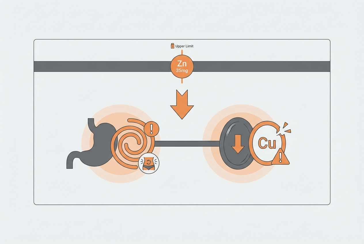 아연 상한섭취량 35mg, 과다 섭취 시 구리 결핍과 소화 장애 위험을 나타낸 도식