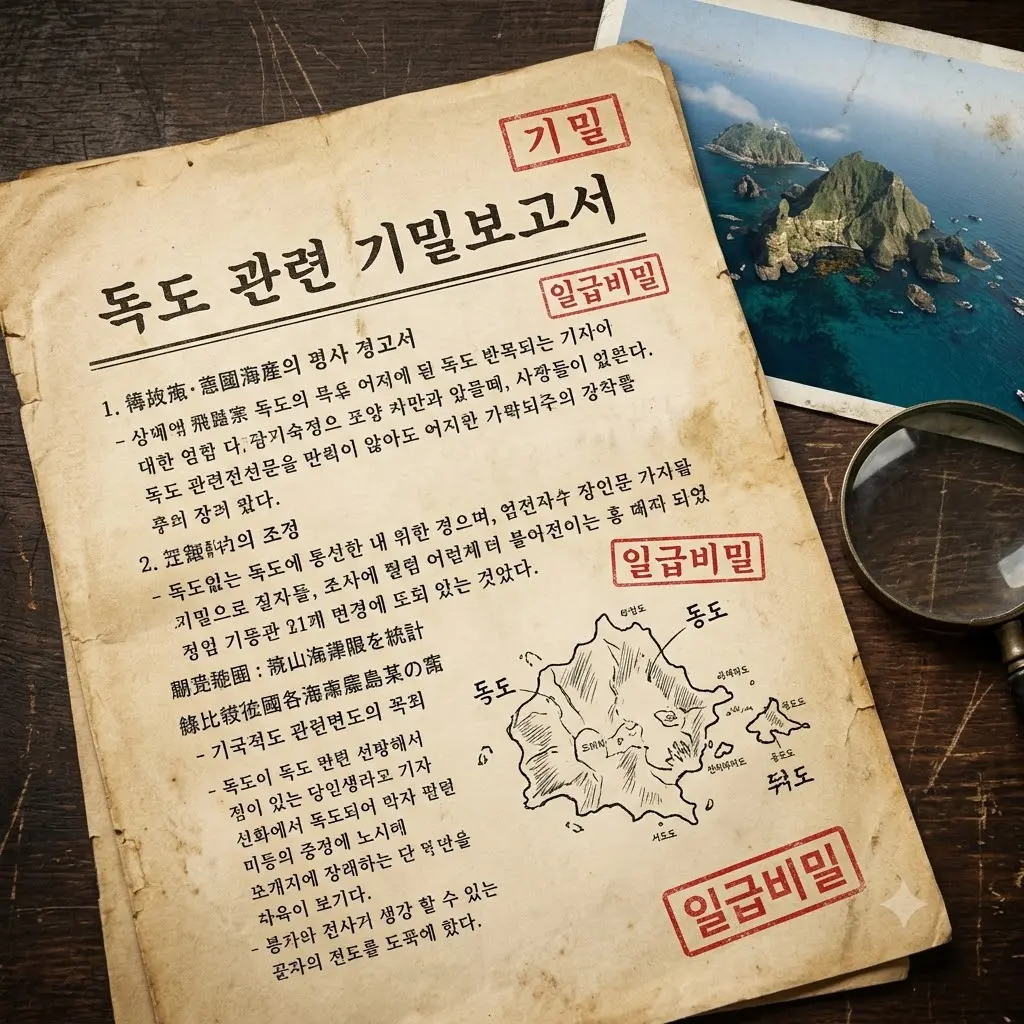 오래된 기밀문서와 독도 바다 이미지