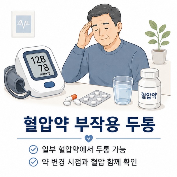 혈압약과 혈압계를 함께 표현해 일부 혈압약에서 두통이 나타날 수 있지만 약 복용 시점과 실제 혈압을 함께 확인해야 함을 보여 주는 그림