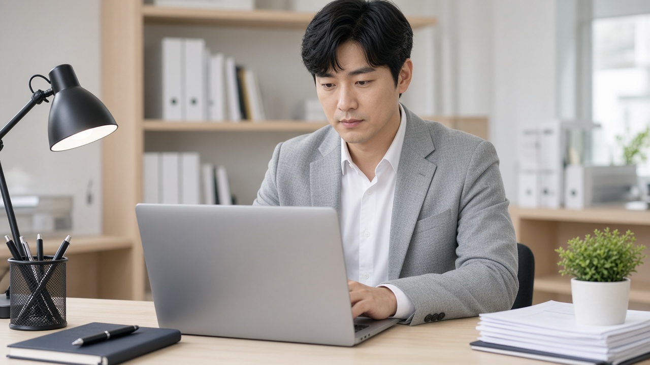 노트북으로 연말정산 미리보기를 확인하는 30대 한국인 직장인 남성