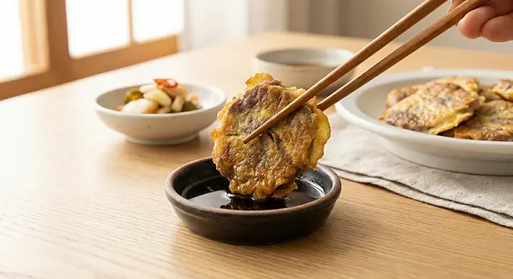 육전을 양념장에 찍어 먹는 장면