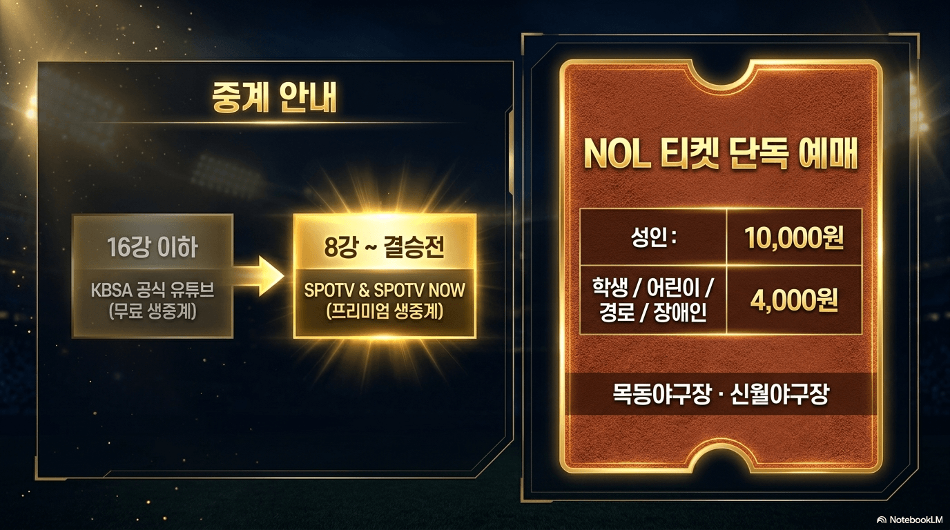 중계 채널 안내 및 현장 티켓 예매 안내
