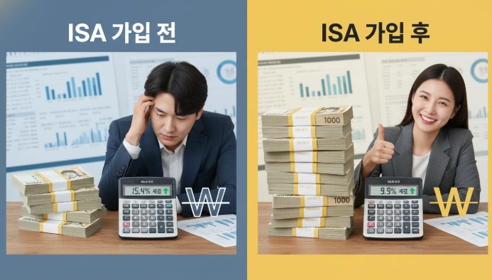 ISA 가입 전후 세금 혜택을 시각적으로 비교한 이미지. 일반 투자 시 높은 세금과 ISA 비과세/저율과세 혜택으로 절세되는 모습을 보여줍니다.