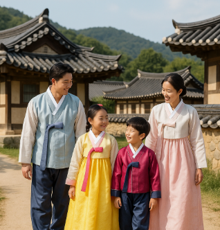 안동 한옥 마을에서 한복 입고 체험하며 즐거워하는 가족