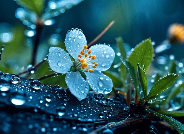 하얀색 꽃이 빗방울을 가득 맞고 있다. 숲에 핀 꽃이다.