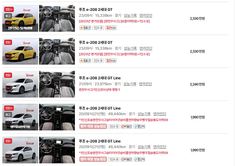 푸조 208 중고차 가격 시세표 유지비