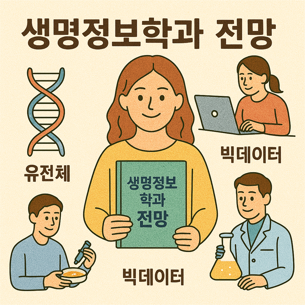 생명정보학과 전망을 소개하는 포스터로, 유전체 연구, 빅데이터 분석, 연구원 활동을 주제로 다양한 직무를 밝고 따뜻한 일러스트로 표현함
