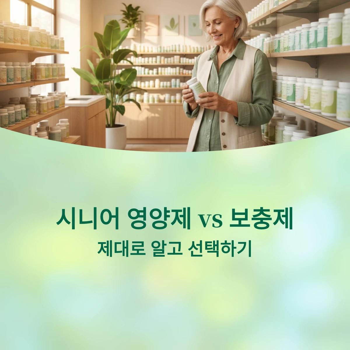 시니어 영양제와 보충제를 바라보는 시니어 이미지