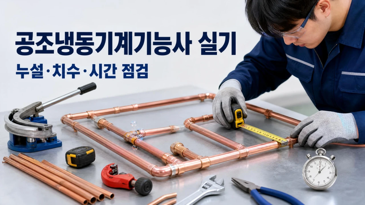 공조냉동기계기능사 실기 불합격 원인인 동관 누설 치수 오차 시간 부족을 정리한 이미지