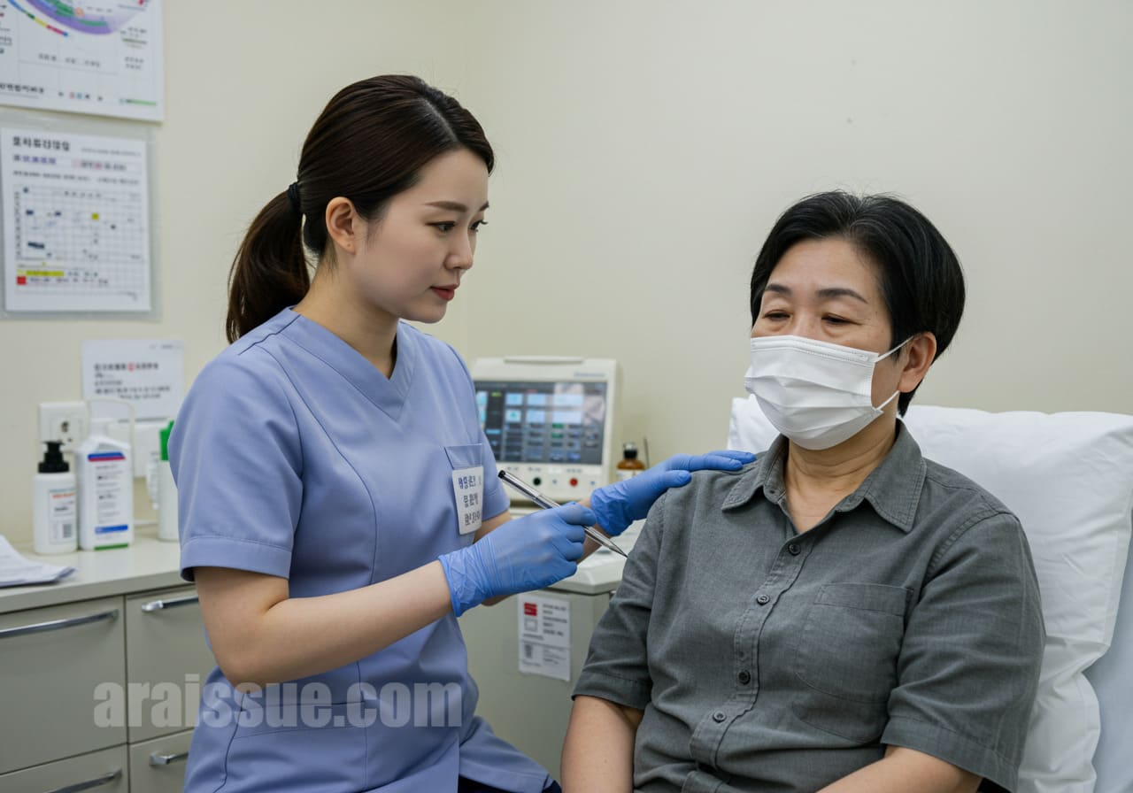 한국의 간호사가 폐렴 예방접종 후 심각한 부작용을 겪고 있는 환자를 현대적인 의료 환경에서 돌보는 모습. 간호사는 환자에게 위로와 조언을 제공하고 있습니다.