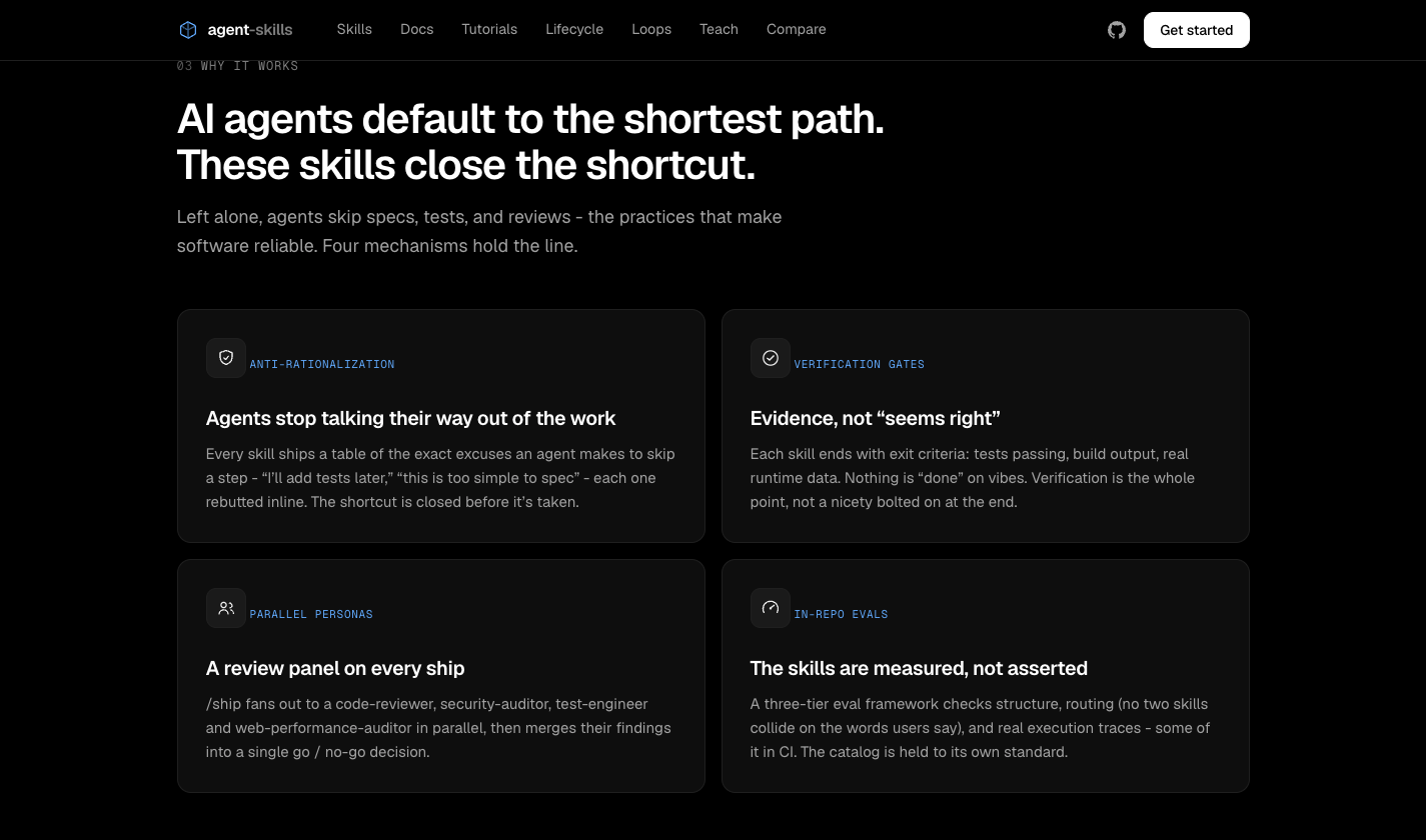 agent-skills 네 가지 핵심 장치 Anti-rationalization Verification gates Parallel personas In-repo evals