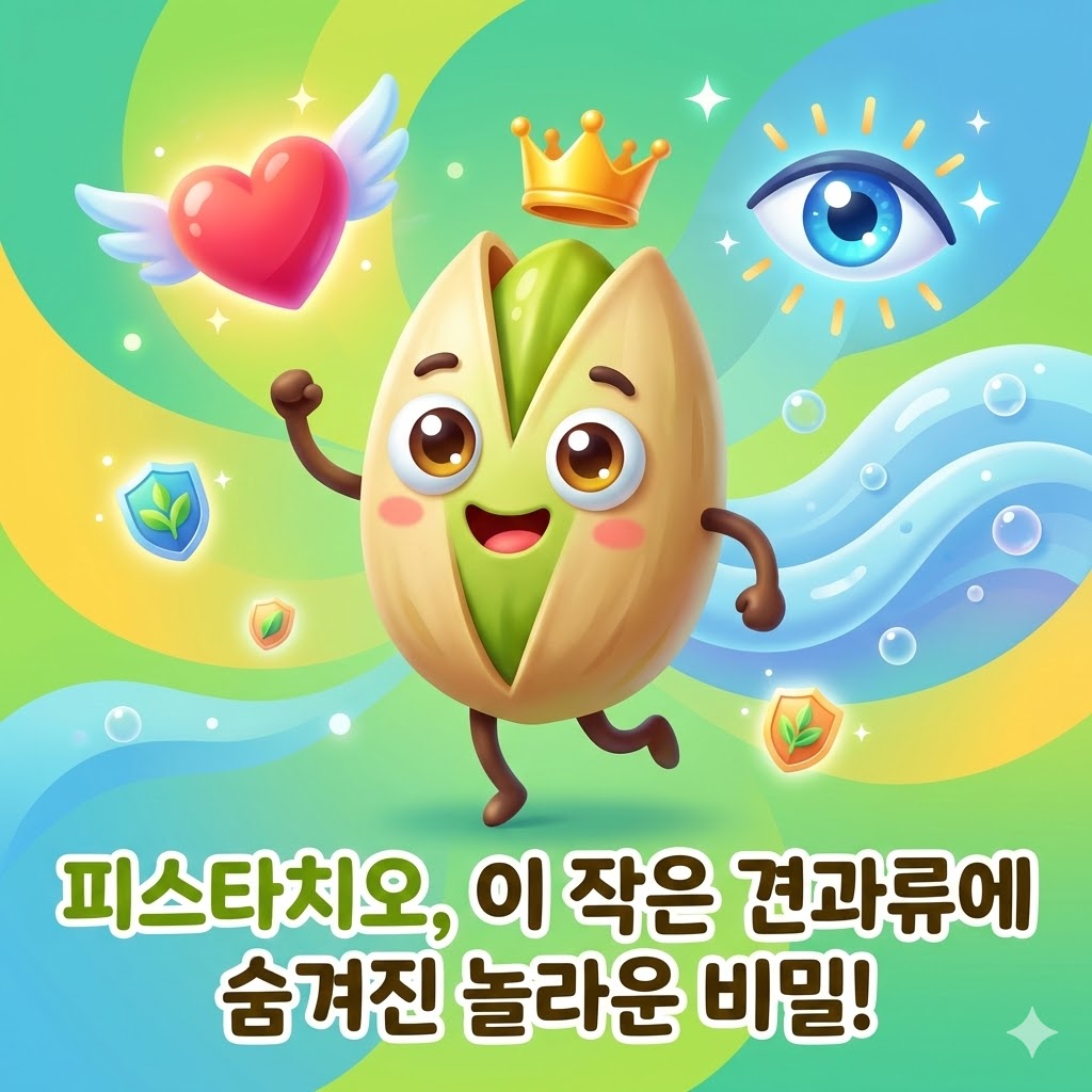 활기찬 피스타치오 캐릭터가 심장, 눈, 소화기 등 건강상의 이점을 상징하는 요소들에 둘러싸인 3D 카툰 일러스트. '피스타치오, 이 작은 견과류에 숨겨진 놀라운 비밀!'이라는 한글 텍스트가 삽입되어 있다.