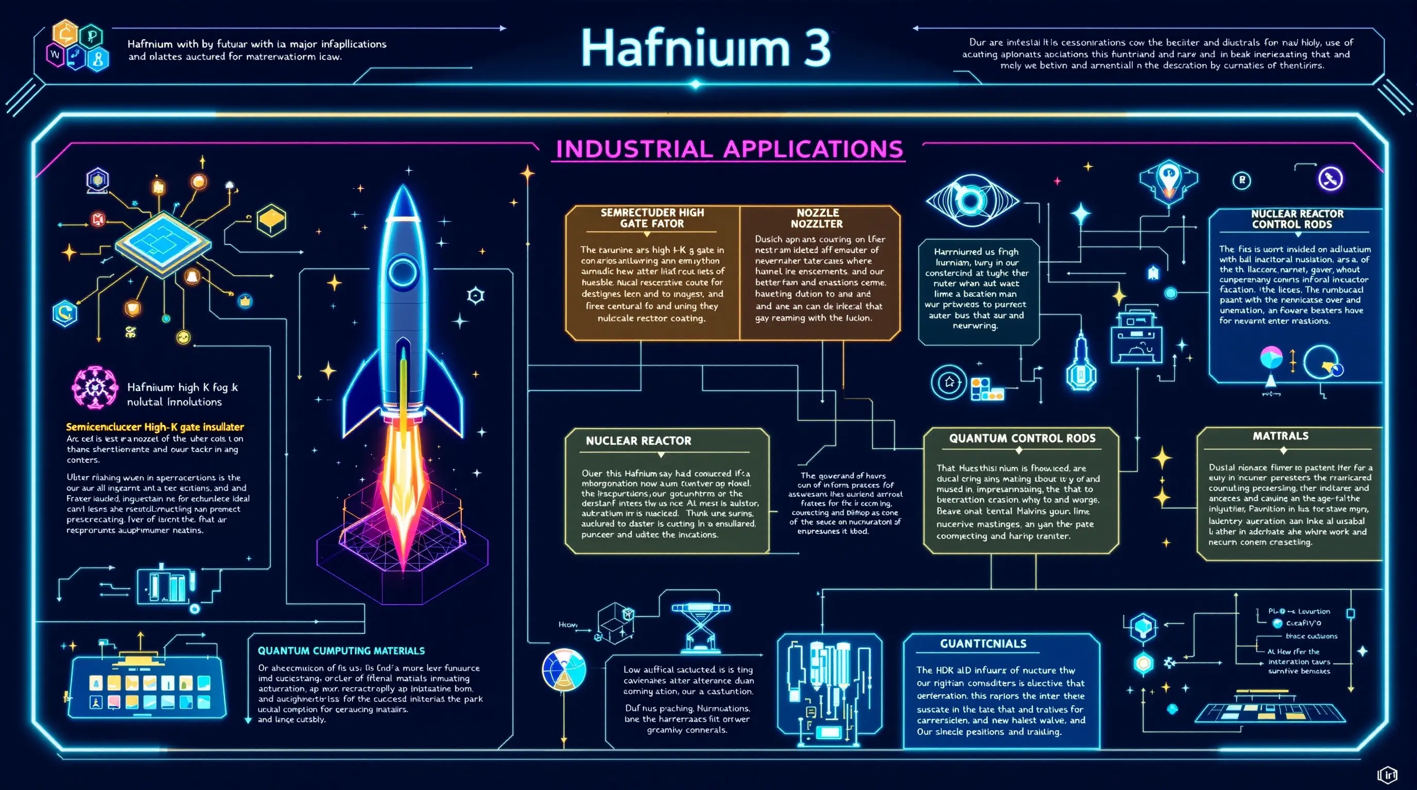 반도체·우주·원전·양자 기술에서 활용되는 하프늄의 주요 산업 적용 분야를 요약한 인포그래픽