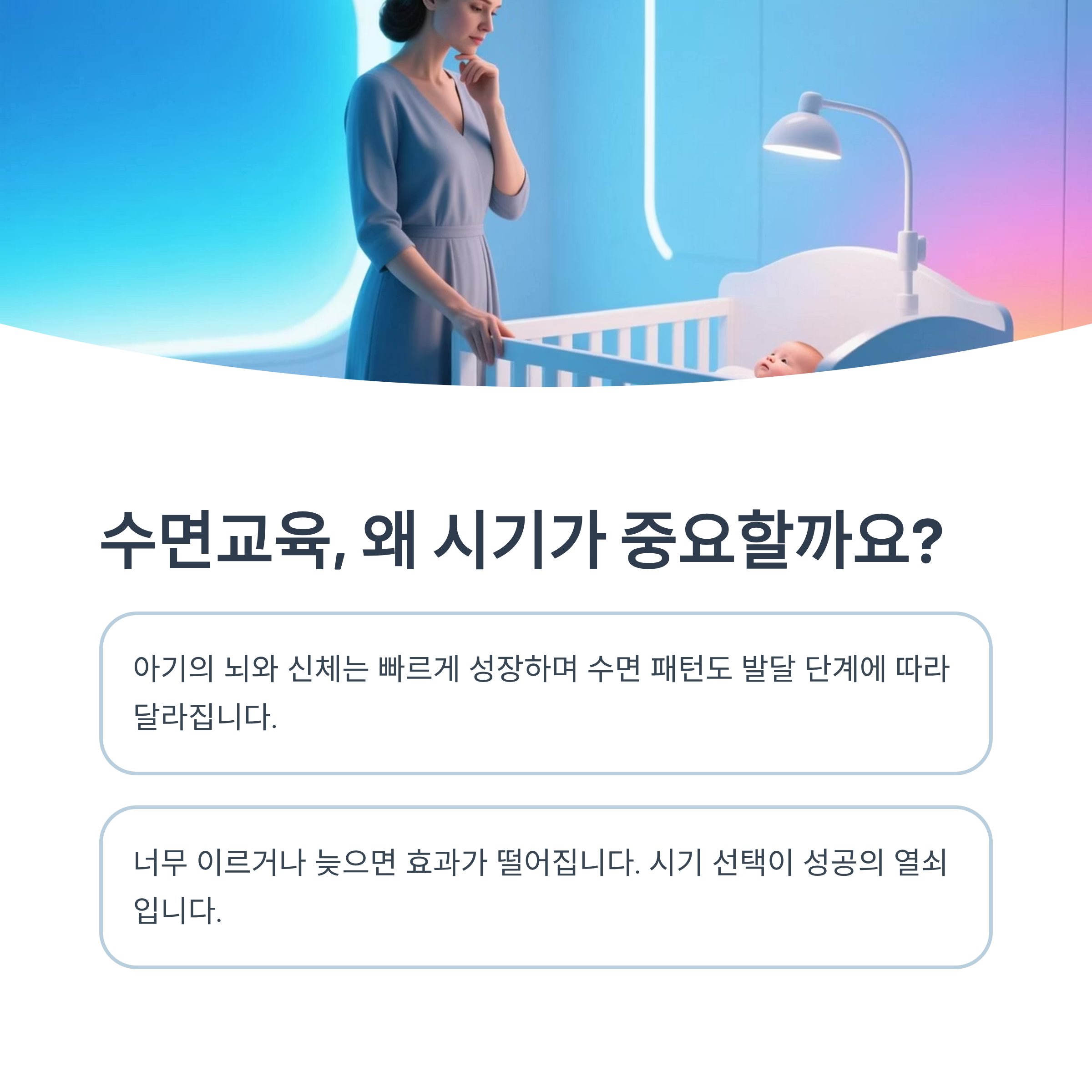 수면교육 전 준비사항(수면 신호 관찰, 환경 점검, 루틴 만들기)을 안내하는 인포그래픽 이미지