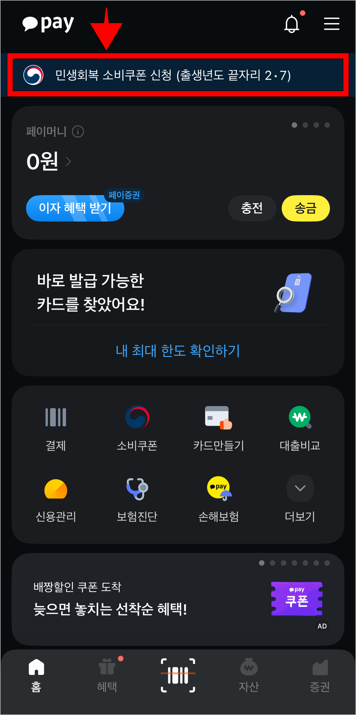 카카오페이 화면의 &amp;#39;민생회복 소비쿠폰 신청&amp;#39; 배너를 선택