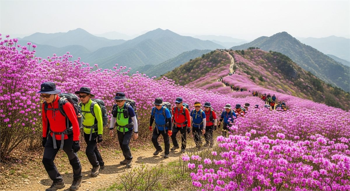 진달래 군락 사이 산길을 걷는 등산객 모습