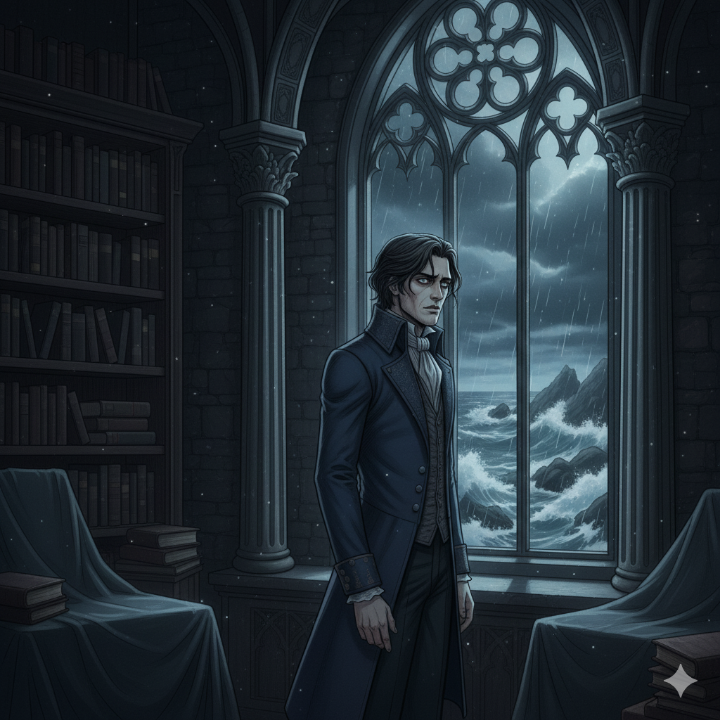 바다가 보이는 창가에서 고독하게 서 있는 일레노아의 모습