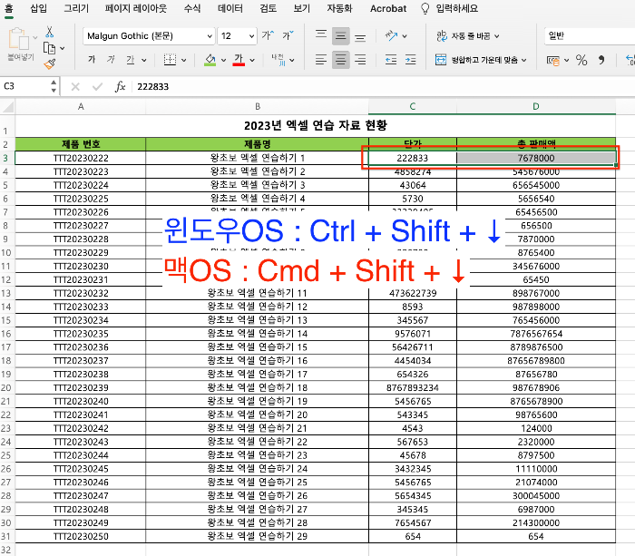 2개의 셀 선택 후&#44; 해당 열의 숫자 데이터가 입력된 셀 모두 선택하기