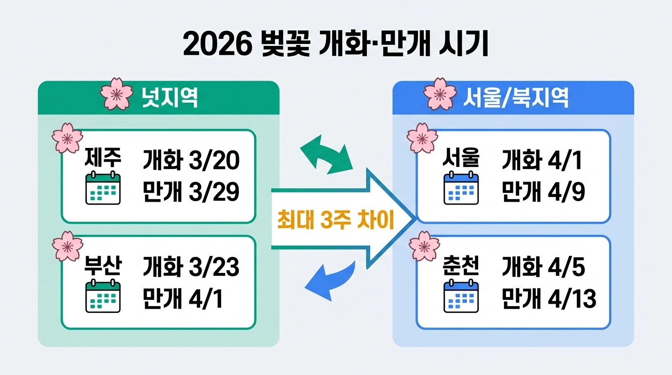 제주부터 춘천까지 지역별 벚꽃 개화 시기 차이를 한눈에 비교할 수 있어요.