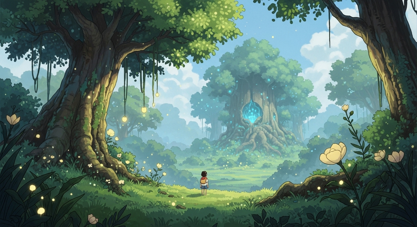 스튜디오 지브리 특유의 서정적인 감성이 담긴, 신비로운 숲을 배경으로 한 손그림풍 자연 풍경.
