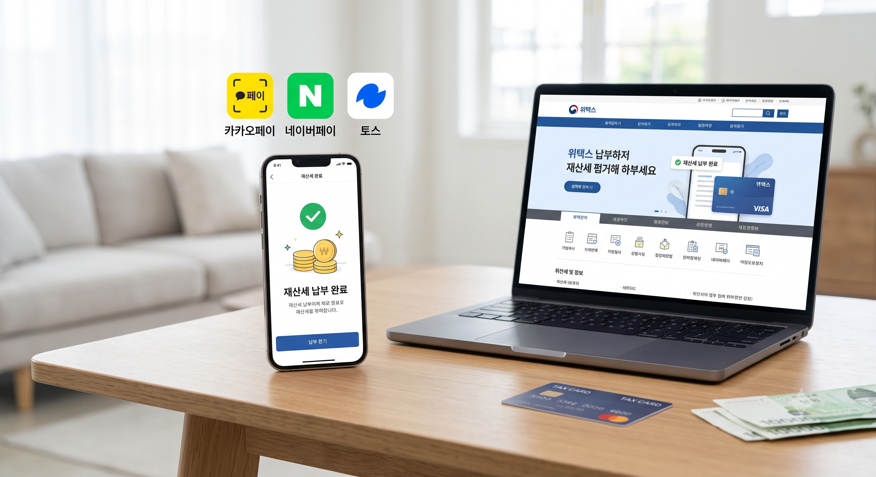 스마트폰 앱과 위택스(PC)를 통해 재산세를 납부하는 모습을 보여주며, 편리한 납부 방식을 시각화한 이미지