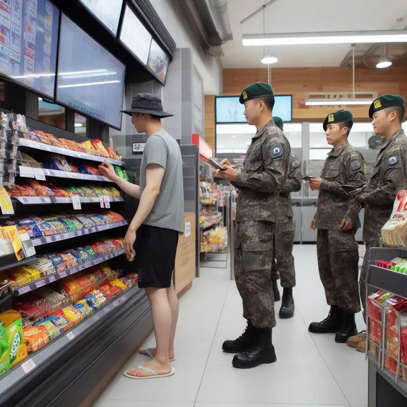군대 내에 있는 편의점에서 한국인 군인들이 물건을 사고 있는 모습