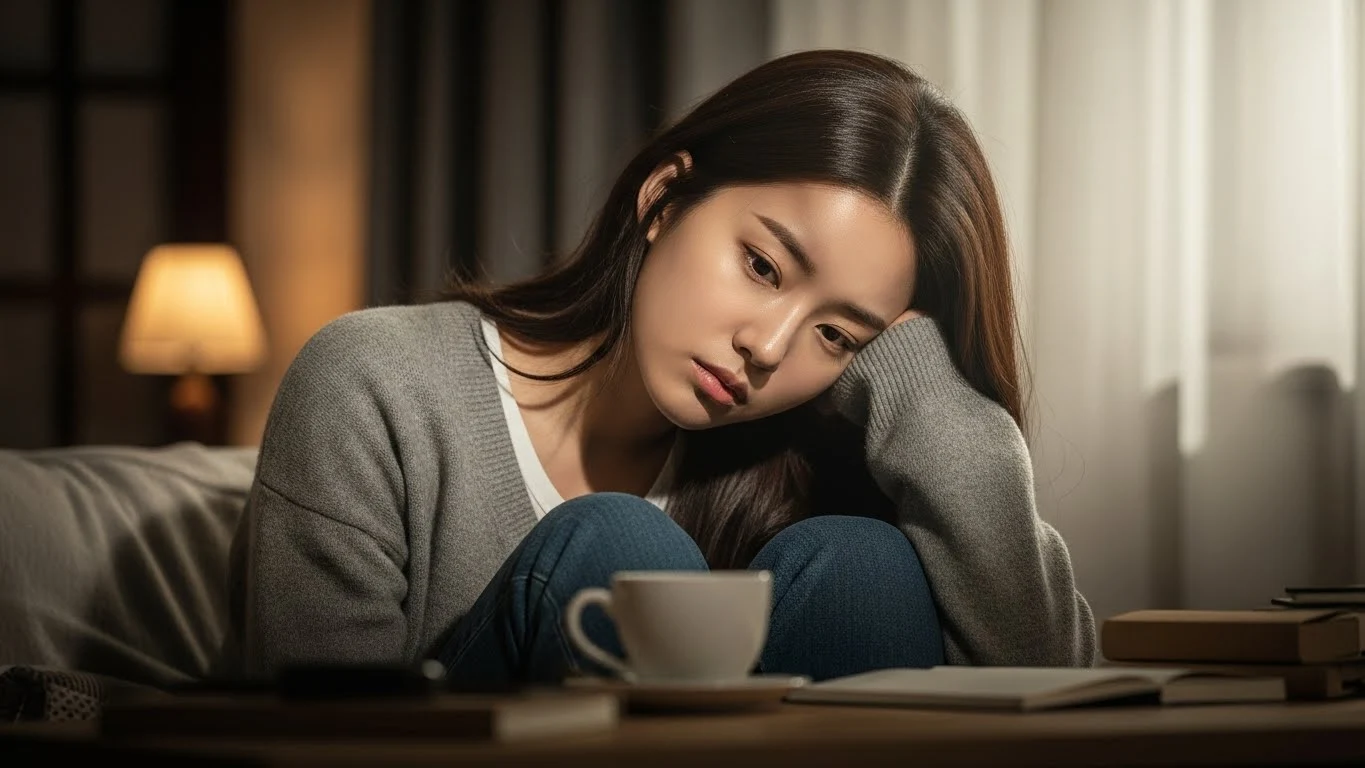 지친 표정으로 않아 있는 사람의 이미지