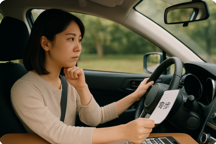 운전석에 앉아 초보운전 스티커를 든 여성 운전자