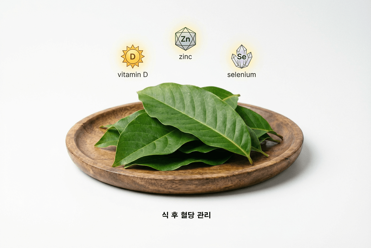 바나바 잎을 나무 접시에 올려 두고 위쪽에 비타민 D&middot;아연&middot;셀렌 아이콘을 배치해 식후 혈당 관리를 돕는 영양 성분 조합을 한눈에 보여주는 이미지