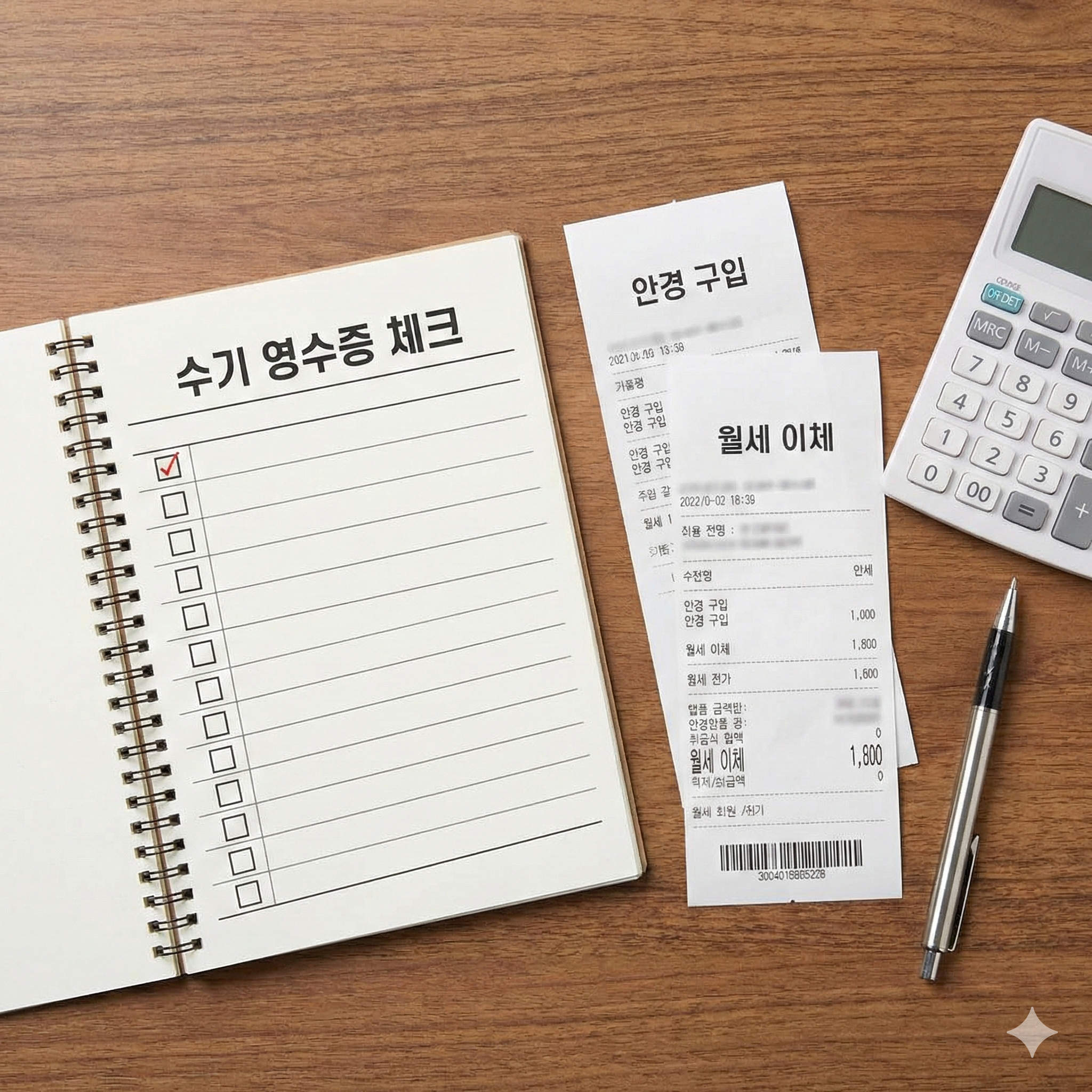 연말정산 누락 방지를 위한 안경 구입비 영수증과 월세 이체 내역서, 계산기, 체크리스트
