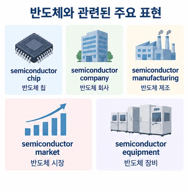 semiconductor chip과 company, manufacturing, market, equipment 등 관련 영어 표현을 정리한 이미지