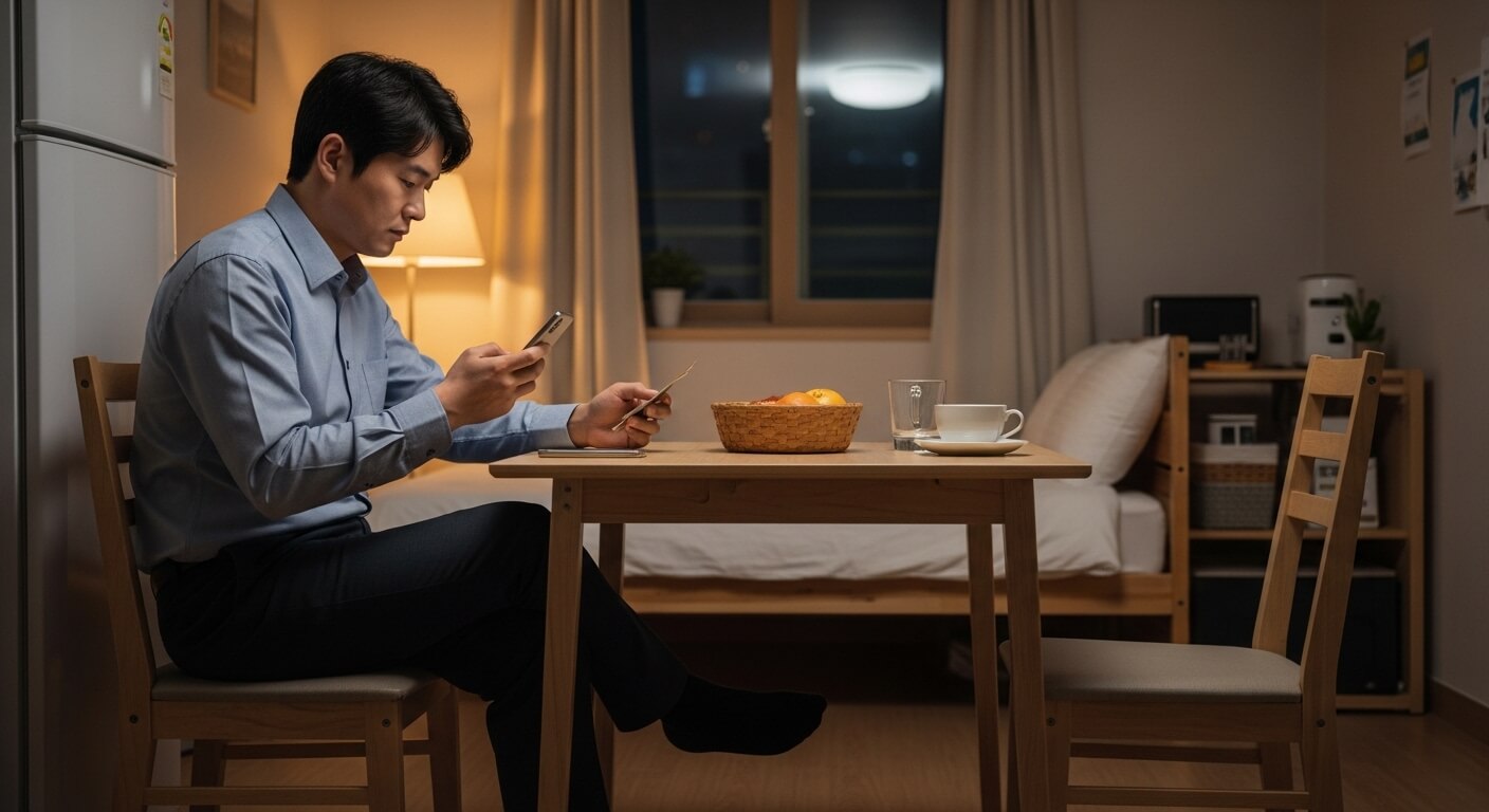 실내 공간에서 스마트폰을 확인하는 청년 모습