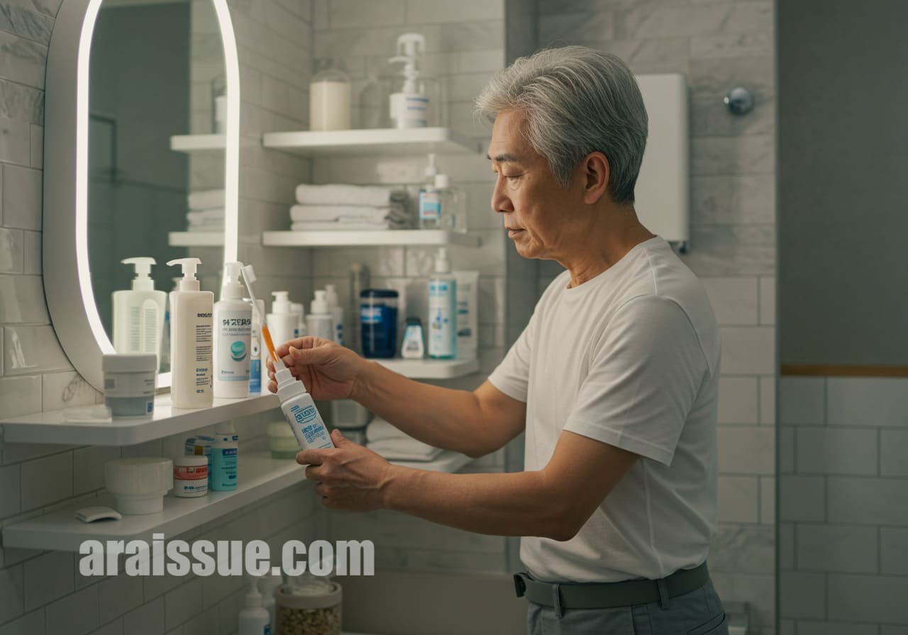 올바른 칫솔과 세정제를 선택하는 장면을 보여주는 이미지로, 틀니 관리와 잇몸 염증 예방을 위한 제품을 선택하는 한국인 어르신의 모습입니다.