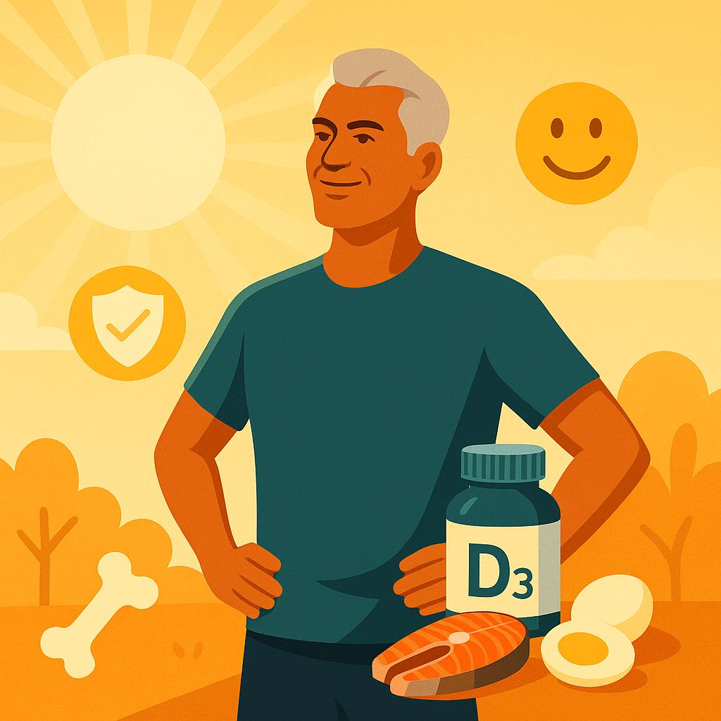 햇볕을 받으며 비타민 D를 생성시키는 중년남성의 이미지 만화체 그림