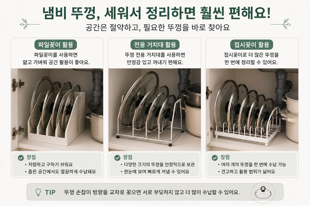 파일꽂이, 전용 거치대, 접시꽂이를 활용한 냄비 뚜껑 세로 수납 비교 이미지로, 싱크대 하부장에서 뚜껑을 공간 효율적으로 정리하는 방법과 각 수납 방식의 특징을 보여주는 주방 정리 모습