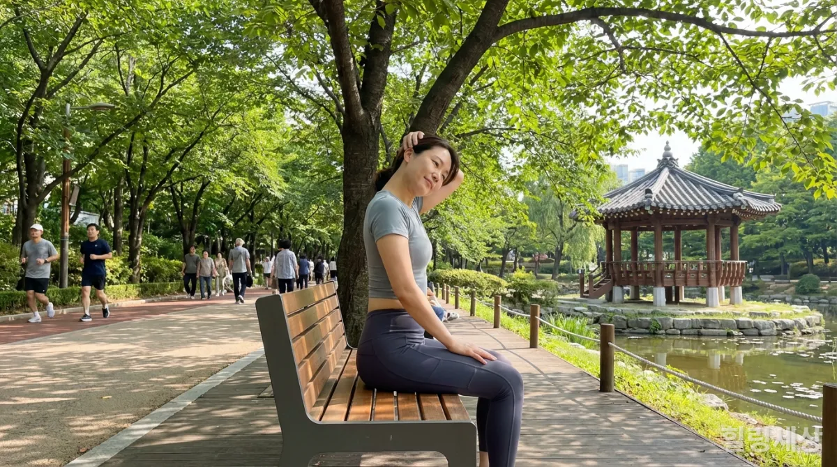 여행 후 몸의 피로를 풀기 위해 한국 공원에서 스트레칭하는 사람