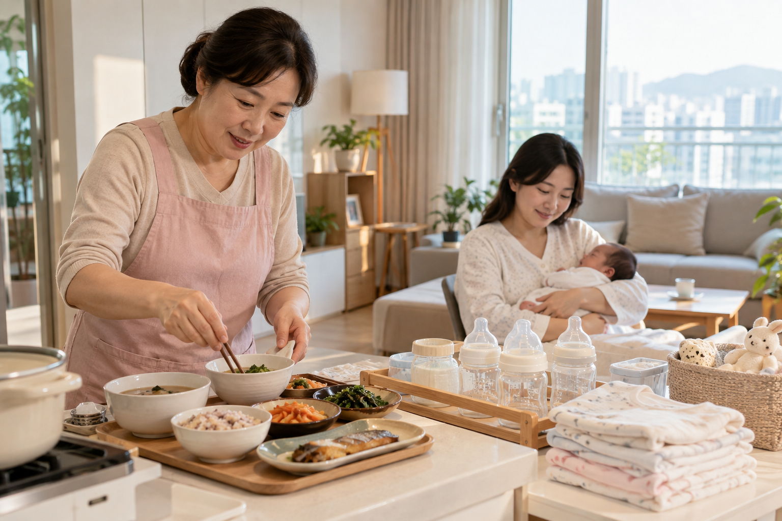 산모 식사와 신생아 용품을 정리하는 산모신생아 건강관리사