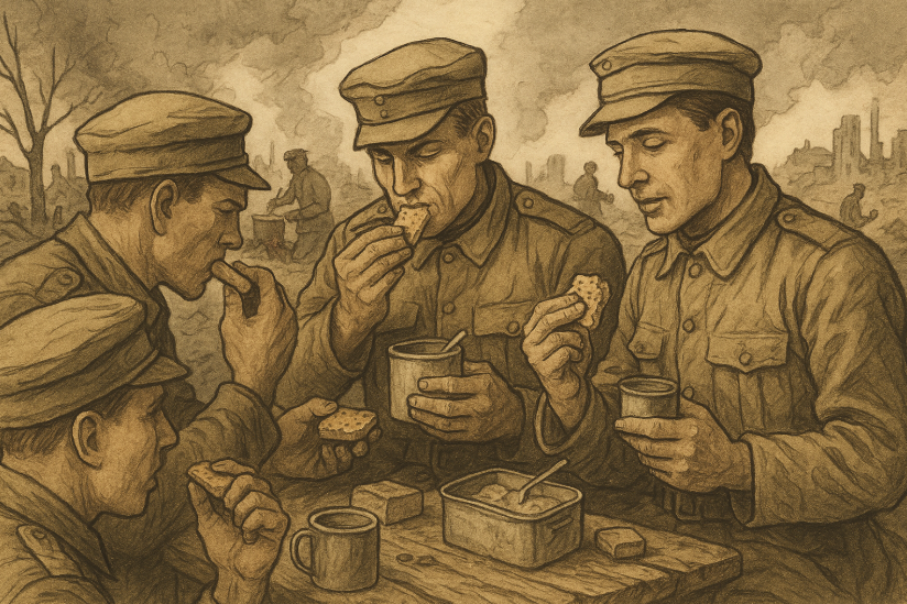 2차 세계대전 중 참호 속에서 식사를 나누는 병사들 – 전쟁터에서의 전투식량과 생존의 모습을 묘사한 빈티지 일러스트